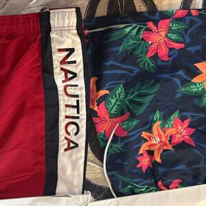 Nautica Red and Floral Patterned Swim Shorts